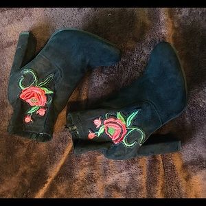 Black Booties with Rose Embroidery Appliqués
